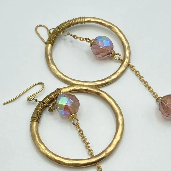 Hammered Gold Tone Hoop Earrings AB Pink Crystal Drop Bohemian Chic Boho Dangle - Picture 5 of 7